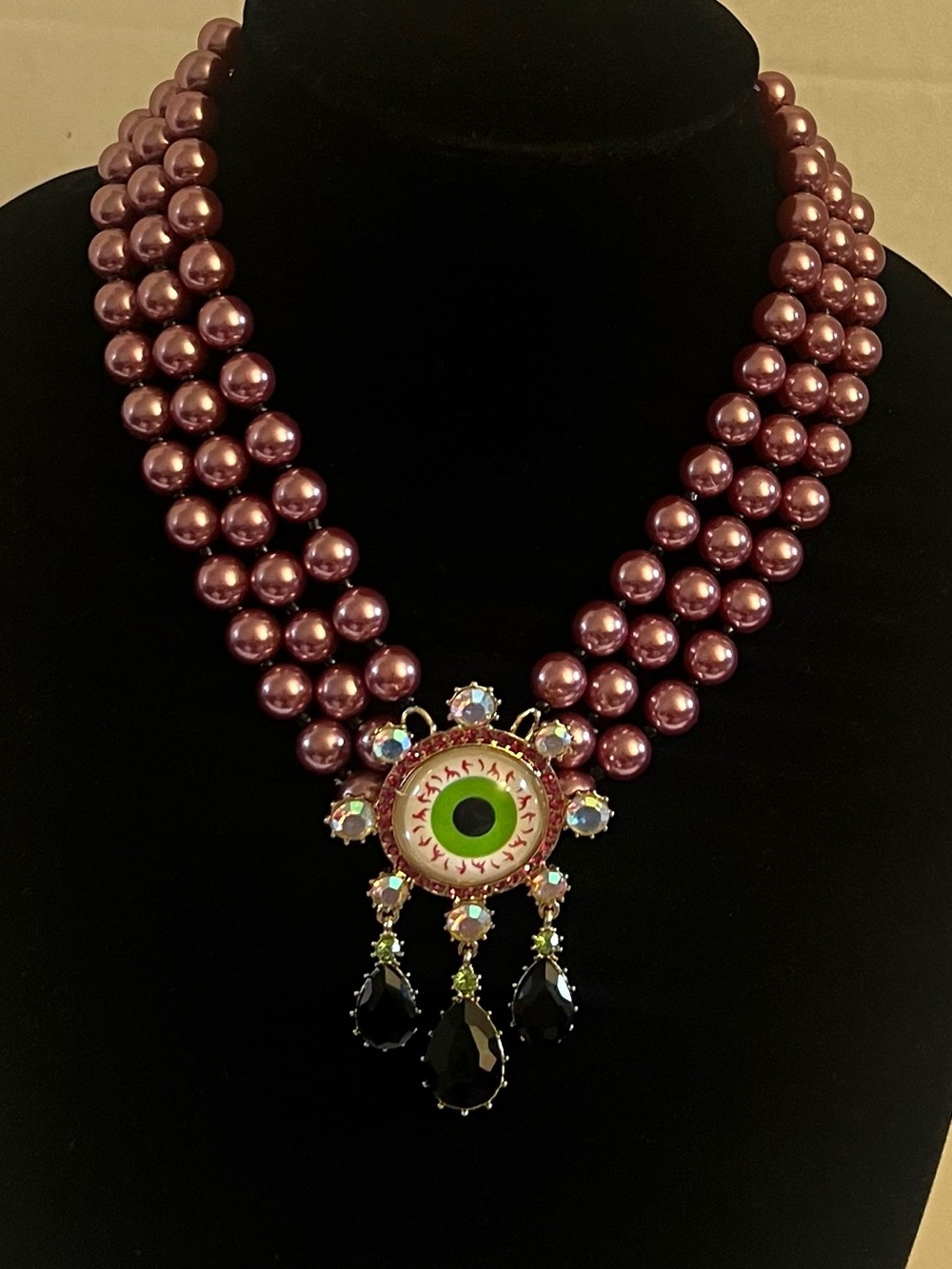 Betsey Johnson Purple Pearl Multi-Strand Necklace with Green Eye Pendant